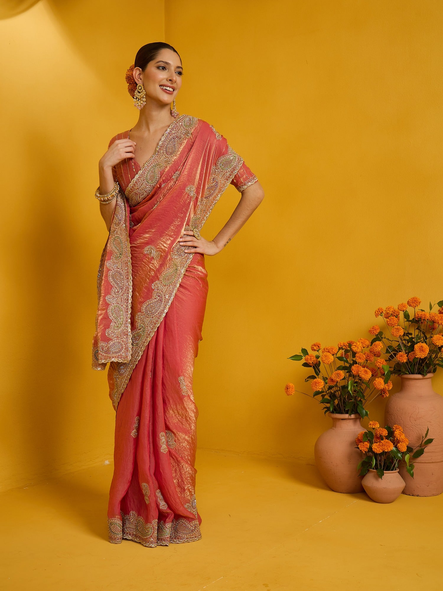 Peach Satin Silk saree – detail view 2
