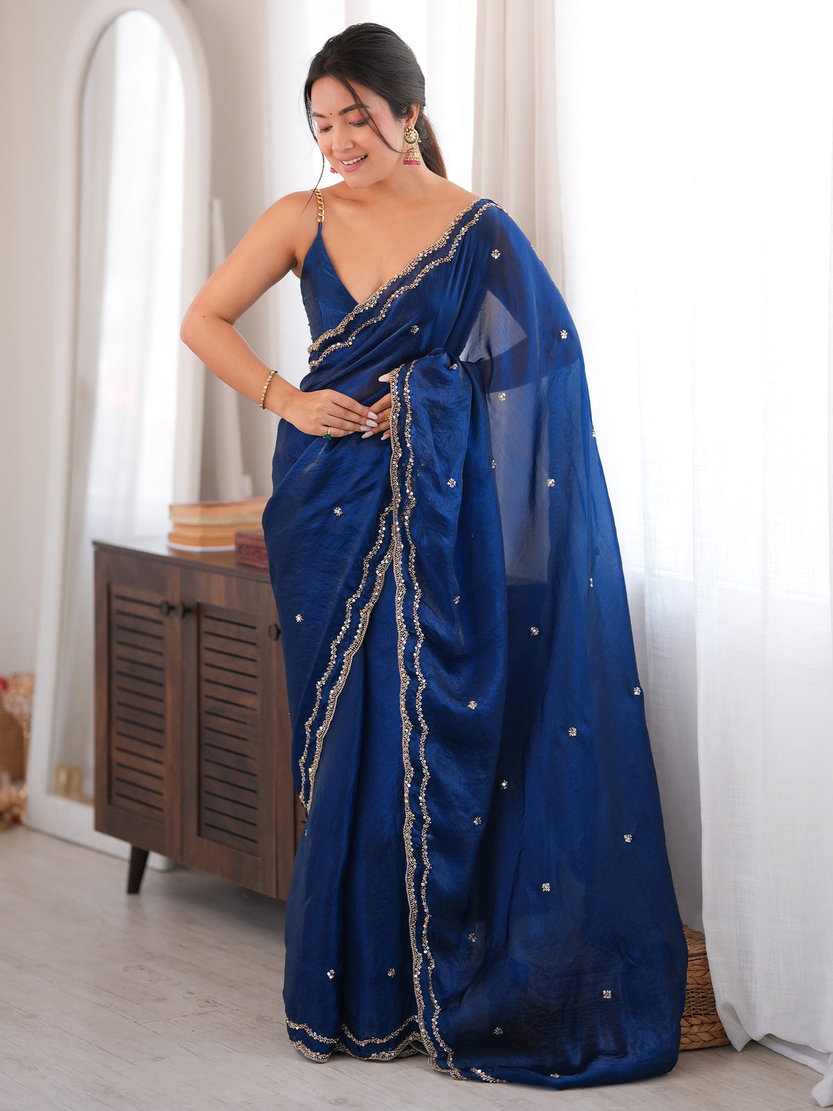 Teal Blue Satin Silk saree – detail view 2