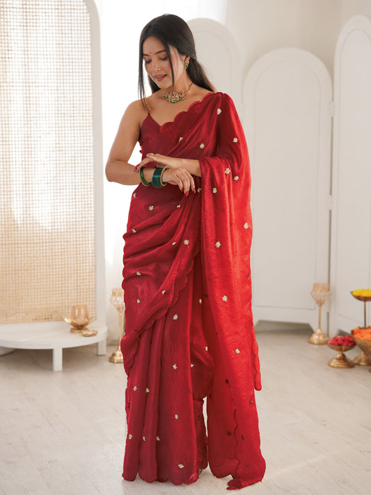 Maroon embellished satin saree with maroon blouse piece