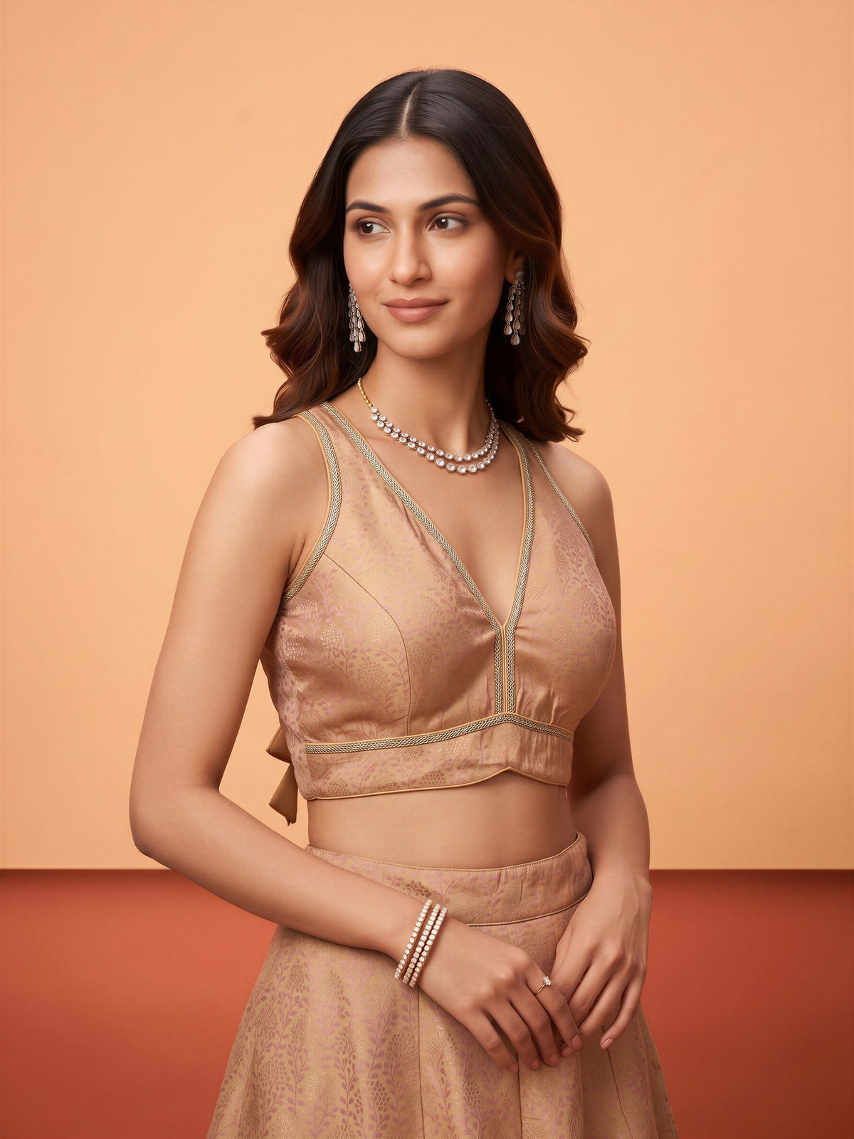 Beige woven brocade silk blend sleeveless readymade saree blouse with deep v neck view 3