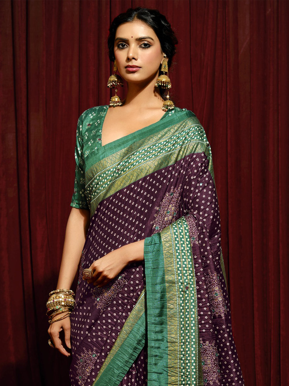 Purple tussar silk saree view 5
