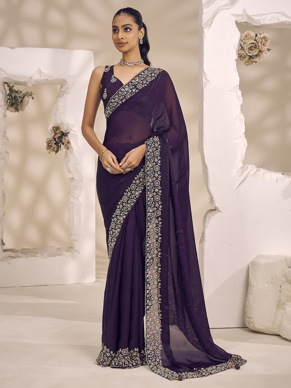 Purple solid satin silk saree with purple blouse piece