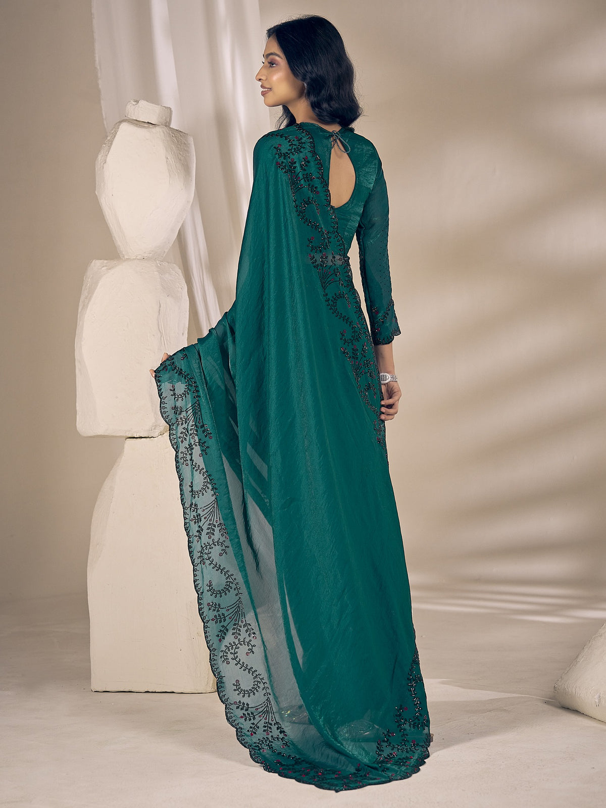 Teal Green satin silk saree view 3