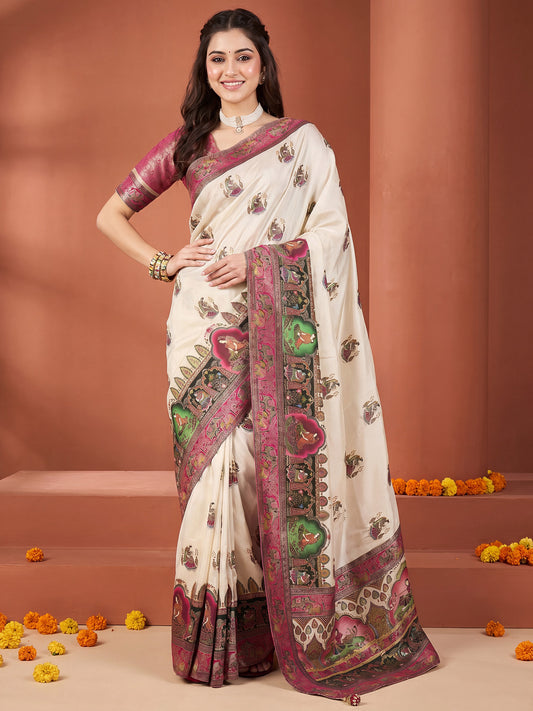 Woman wearing cream viscose silk saree with traditional indian motif work and pink blouse