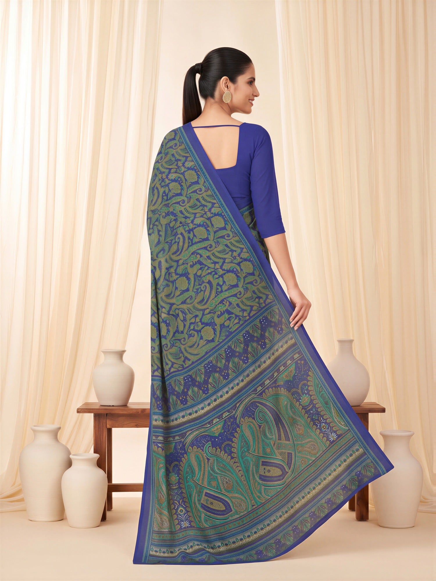 Navy Blue Crepe saree – detail view 1