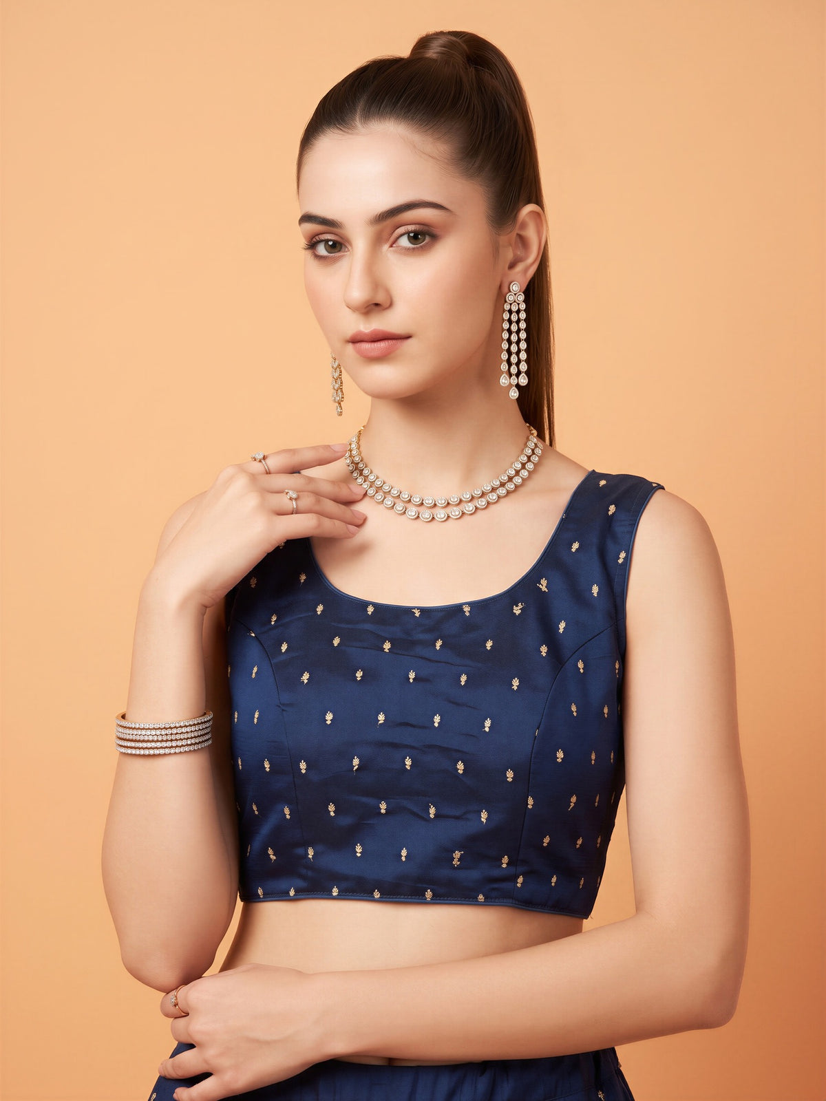 Teal Blue sequin embellished silk blend sleeveless readymade saree blouse with round neck view 3