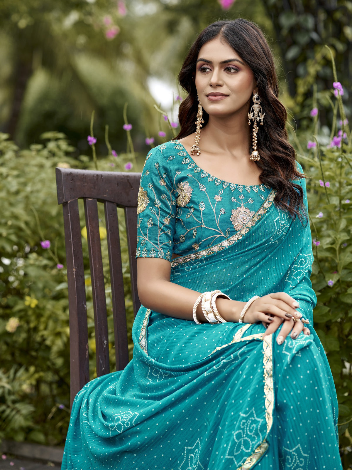 Turquoise Blue georgette saree view 4