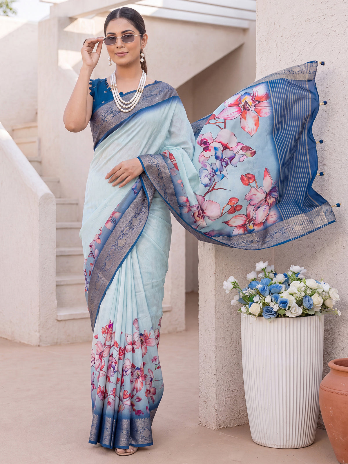 Light Blue Viscose Silk saree – detail view 3