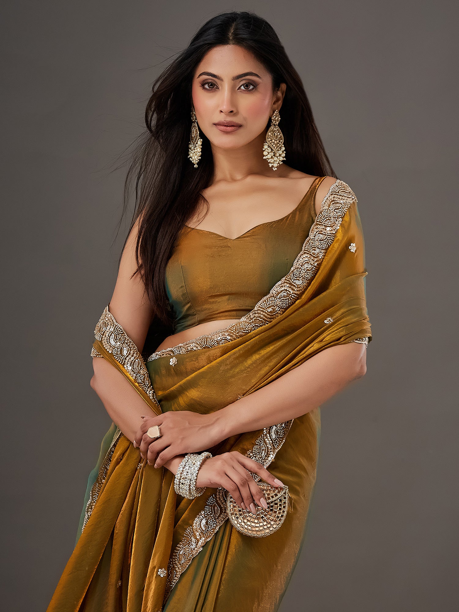 Gold Satin saree – detail view 3
