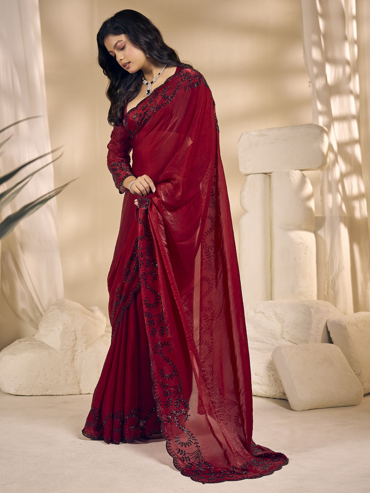 Red satin silk saree view 3