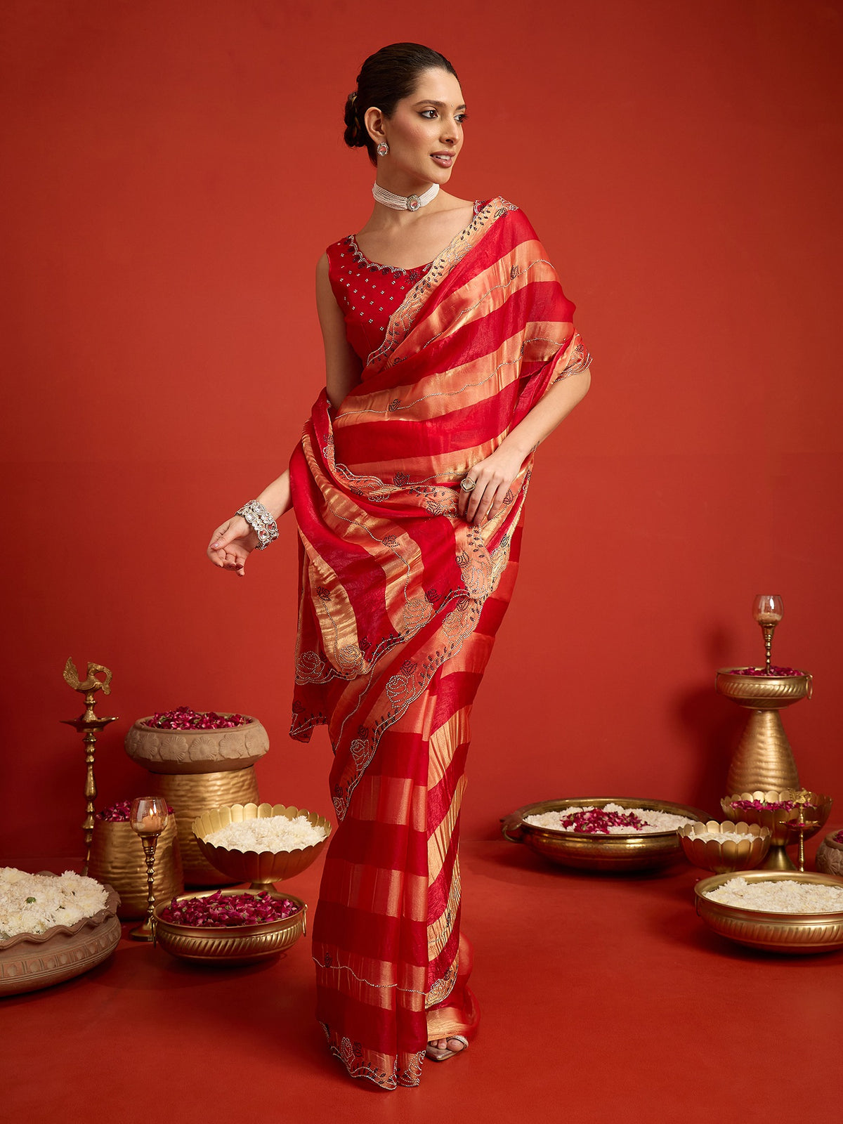 Red Satin Silk saree – detail view 2
