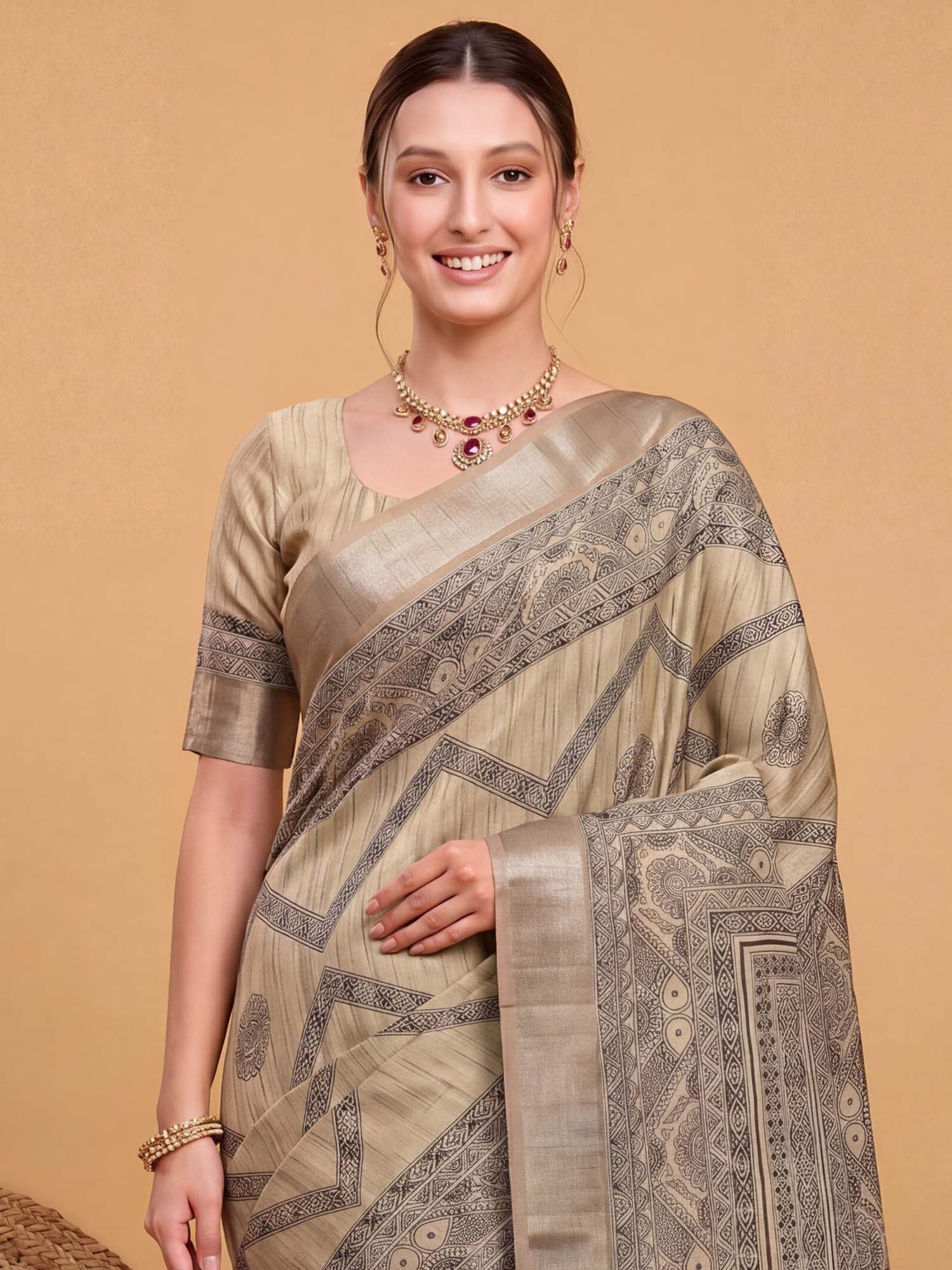 Beige Satin Silk saree – detail view 3