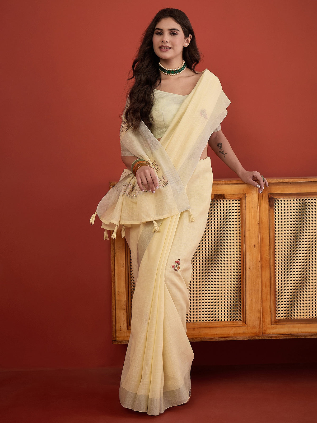 Yellow linen blend saree view 4