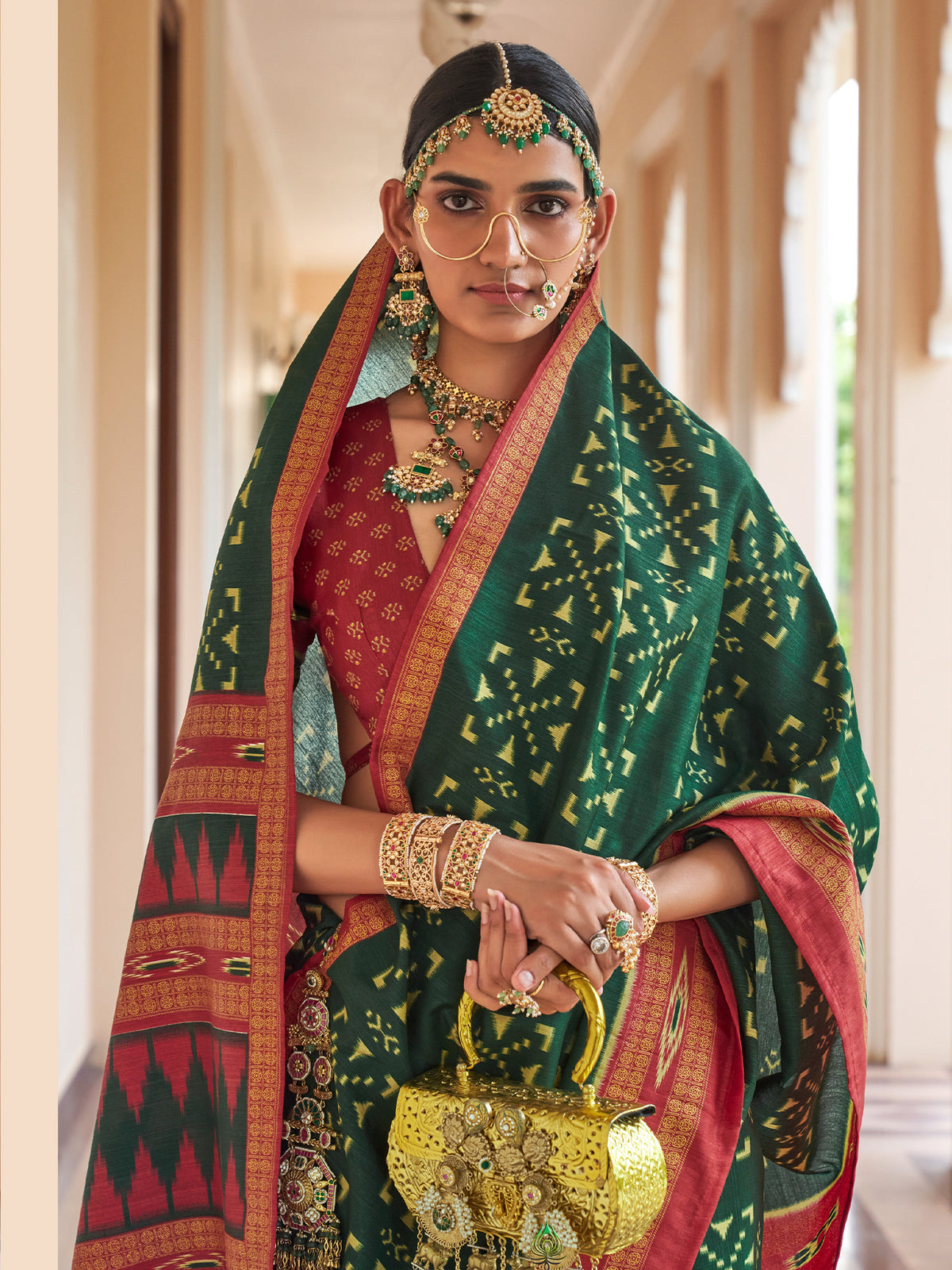 Green silk blend saree view 1