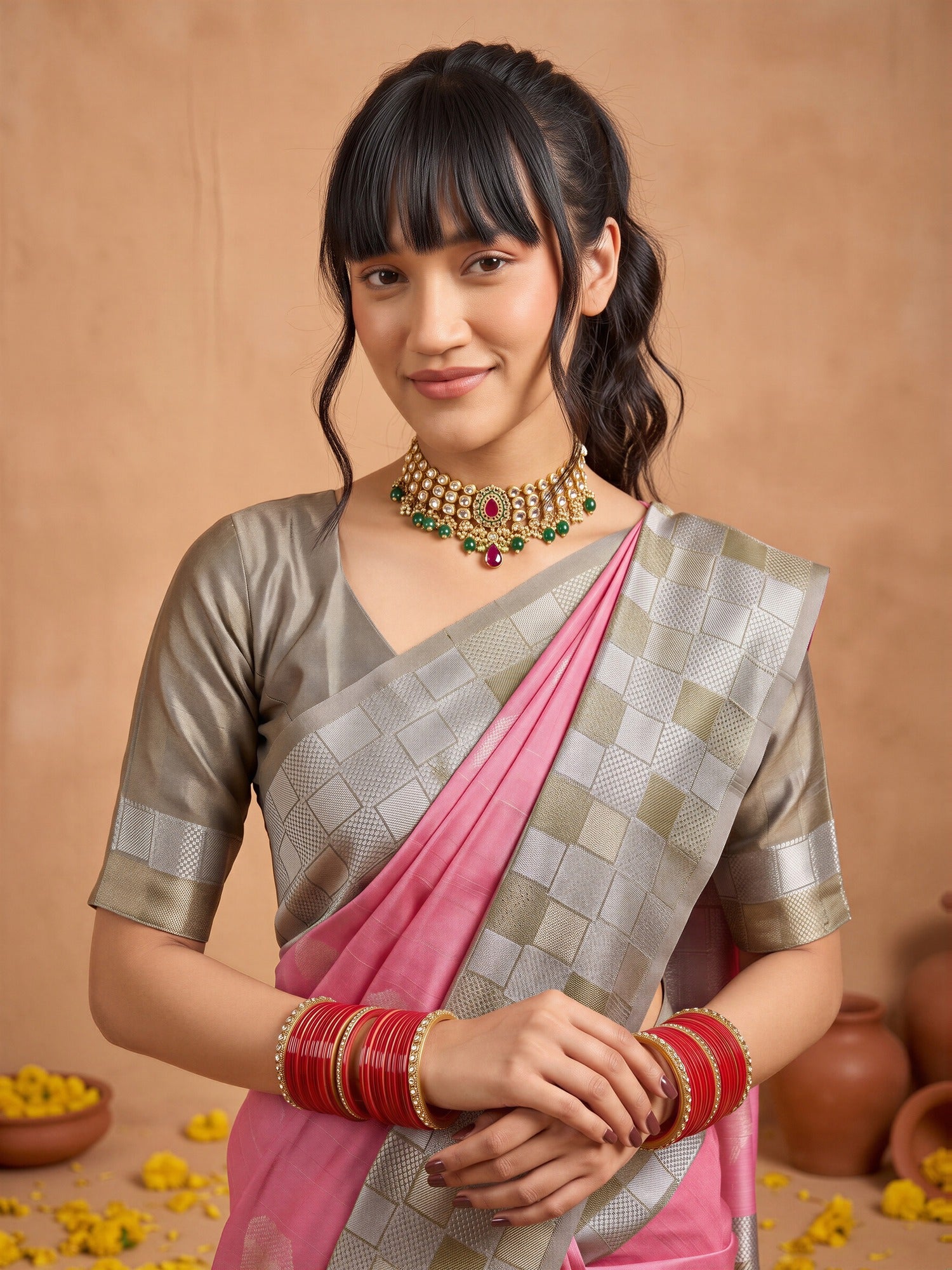 Pink Cotton Blend saree – detail view 3