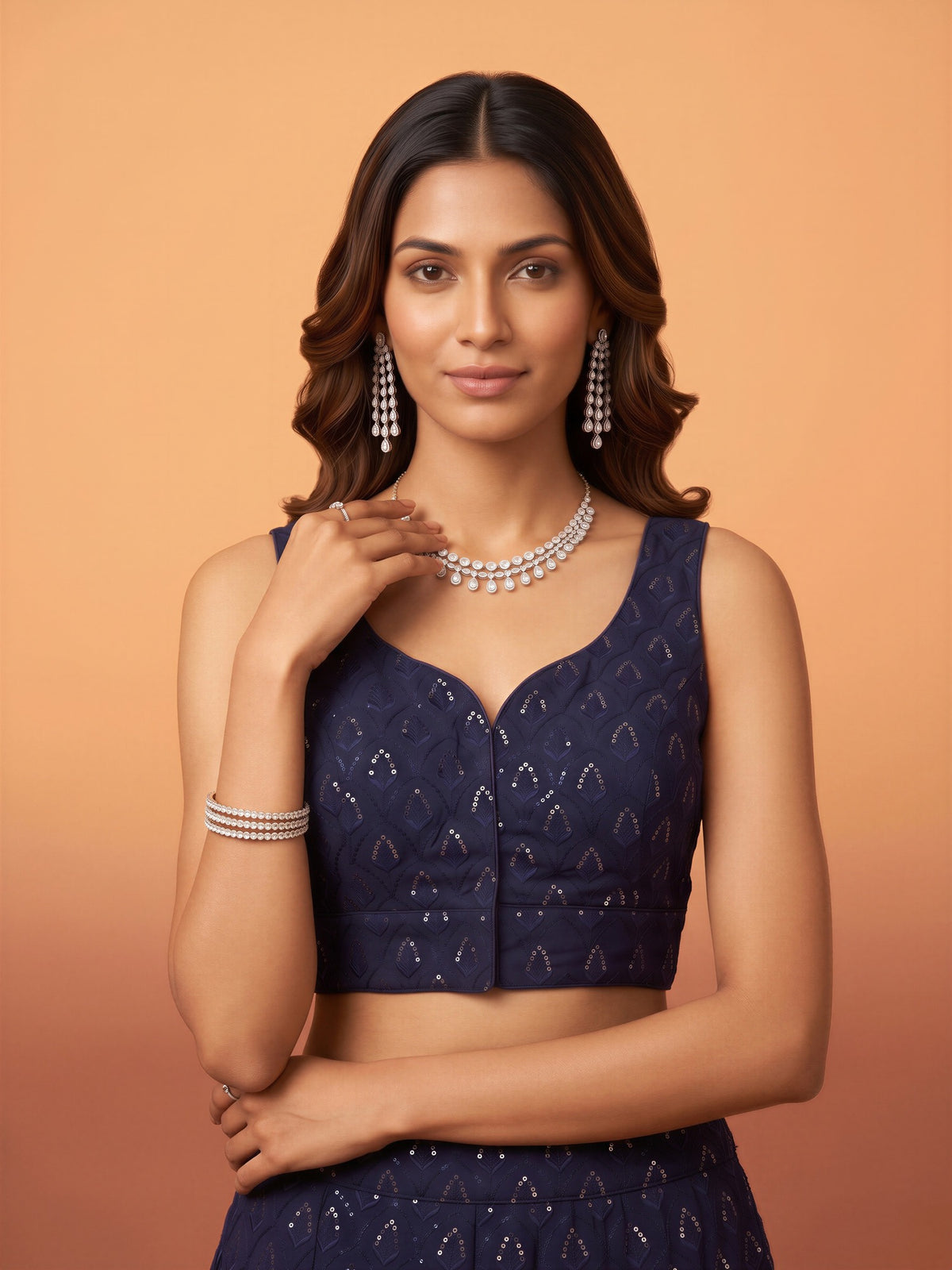 Navy Blue sequin embroidered georgette sleeveless readymade saree blouse with sweetheart neck view 3