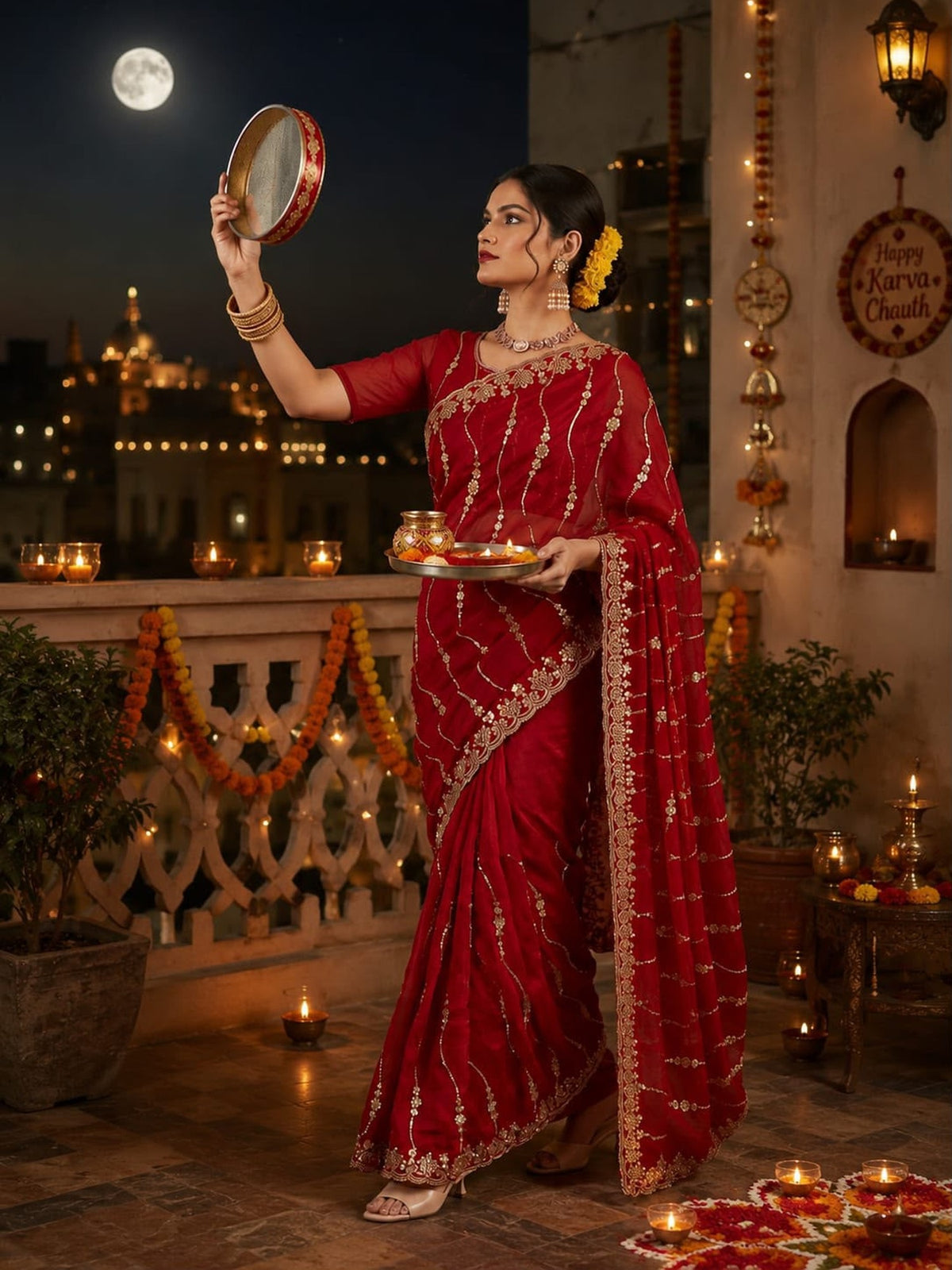 Red Satin saree – detail view 2