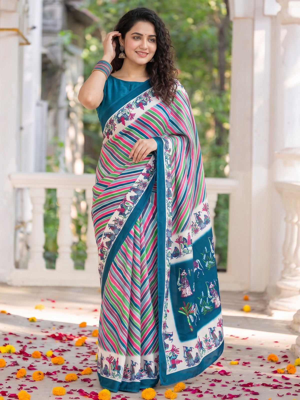 Teal crepe saree view 1