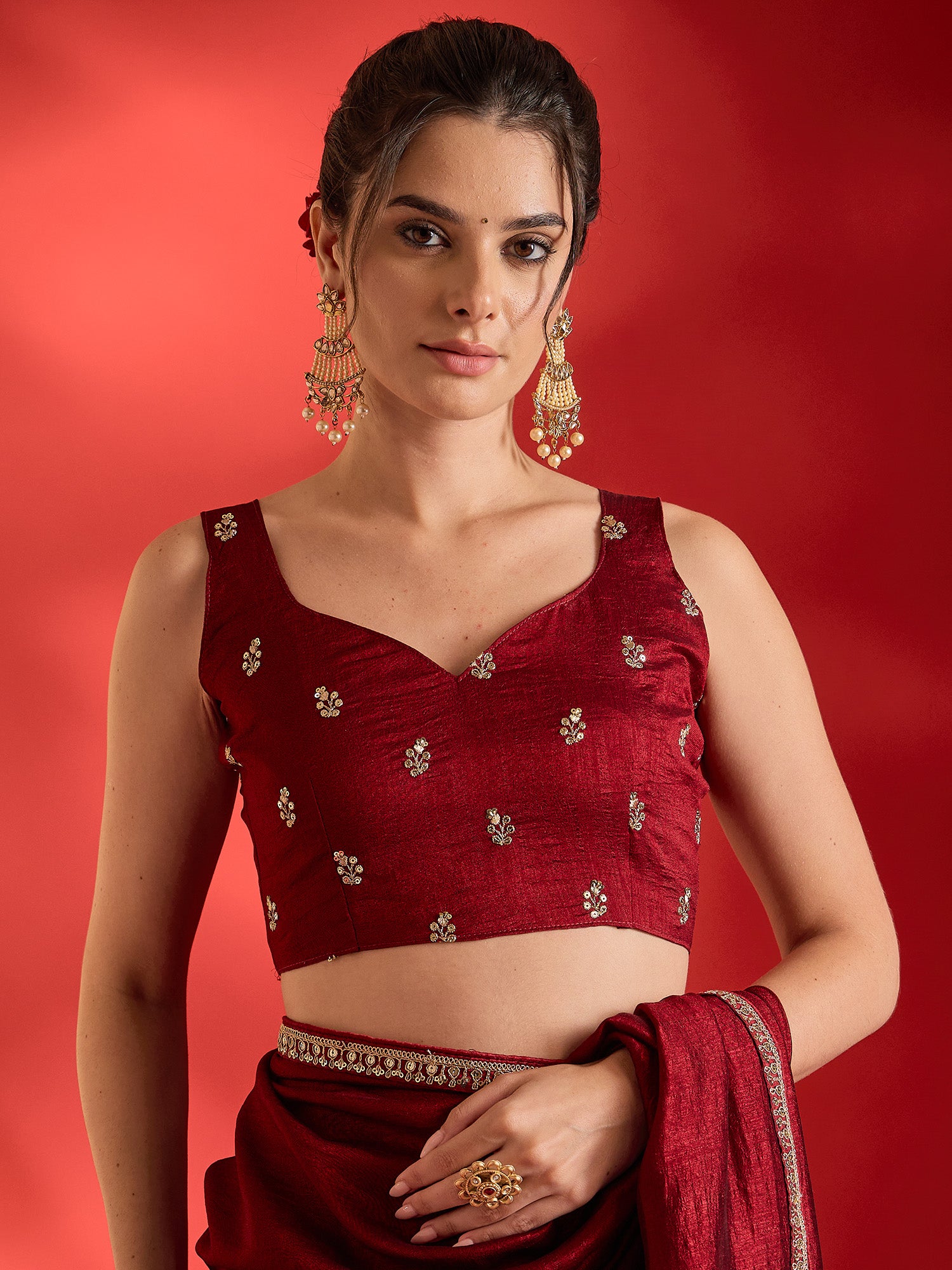 Unstitched maroon vichitra silk blouse piece with embellished design