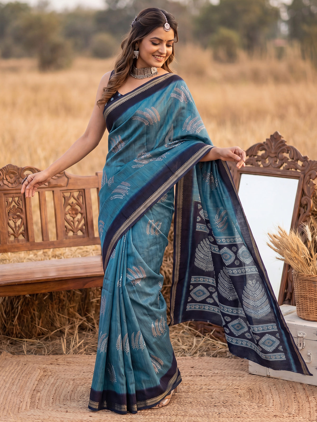Light Blue Tussar Silk saree – detail view 3