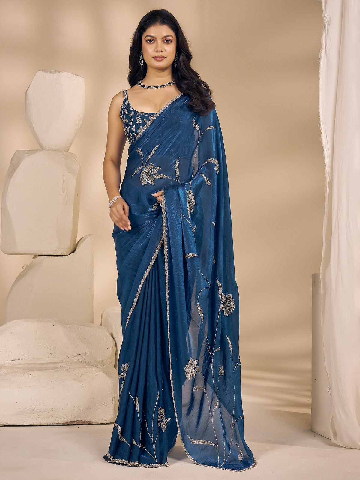Teal Blue embellished satin silk saree with teal blue blouse piece