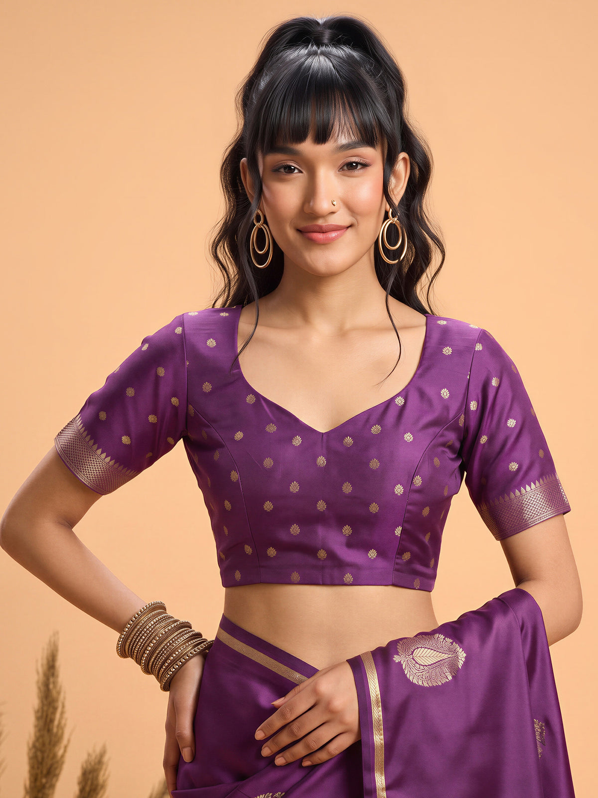 Unstitched purple satin silk blouse piece with woven design design