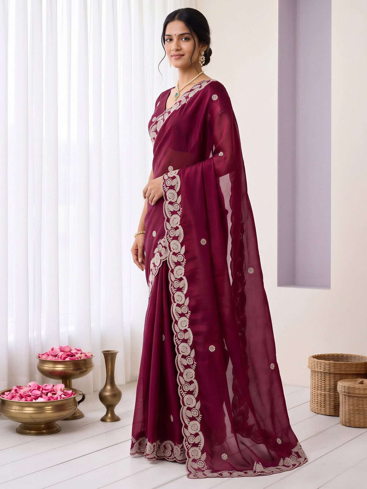 Burgundy Satin saree – detail view 2