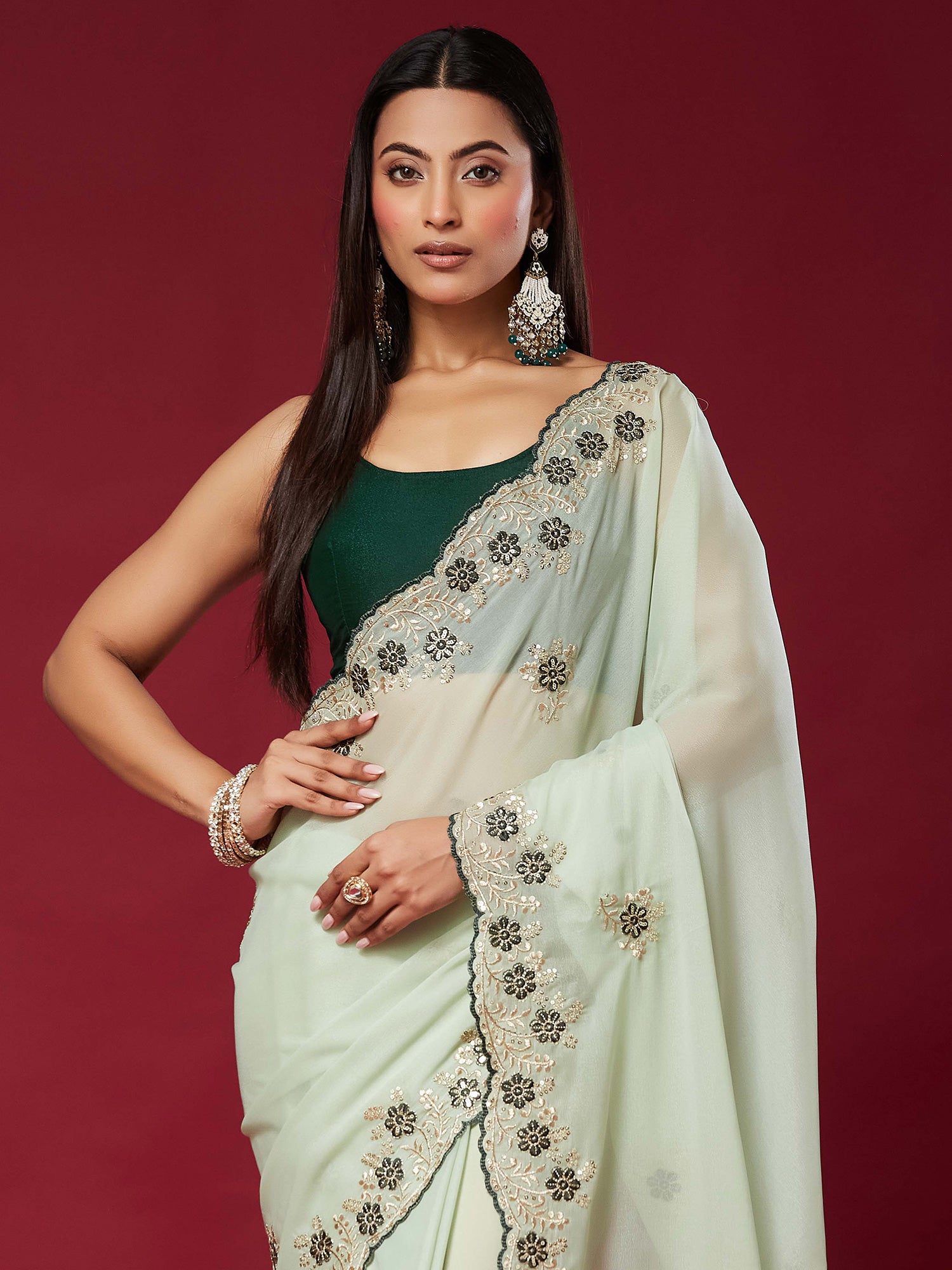 Mint Green Georgette saree – detail view 4