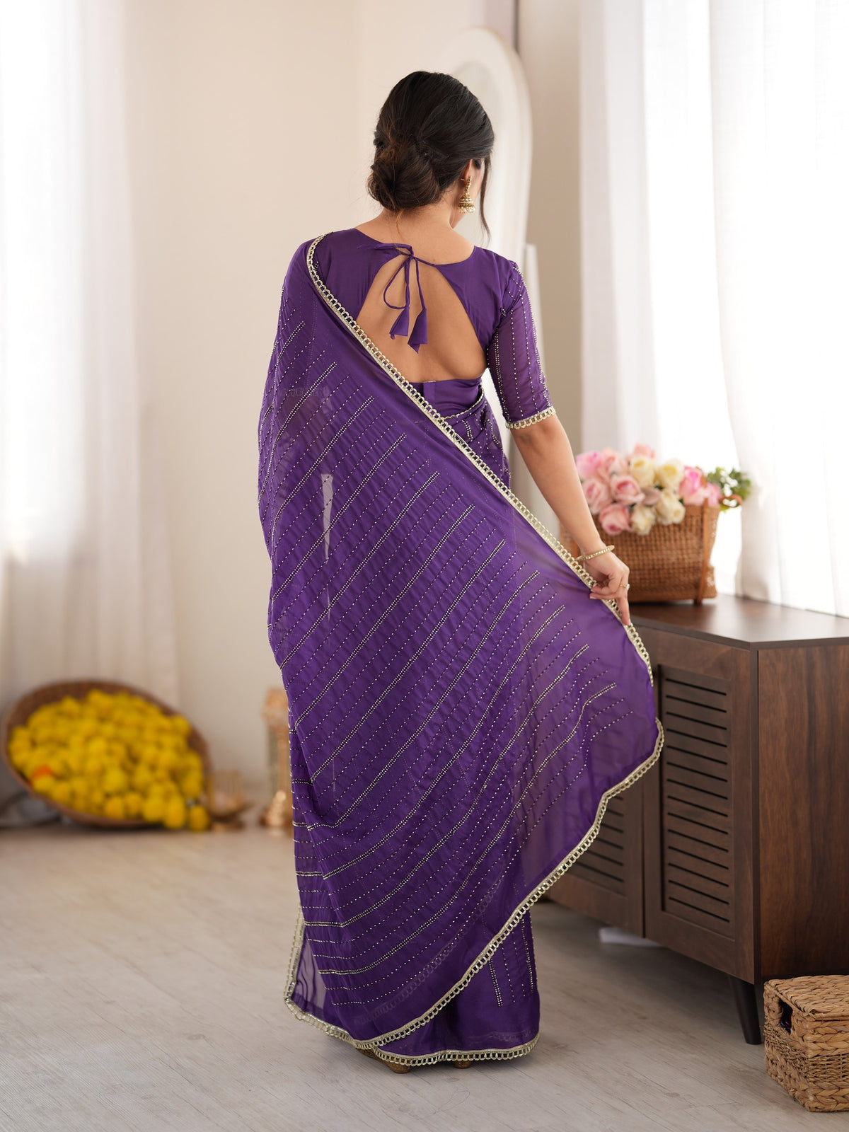Violet Georgette saree – detail view 2