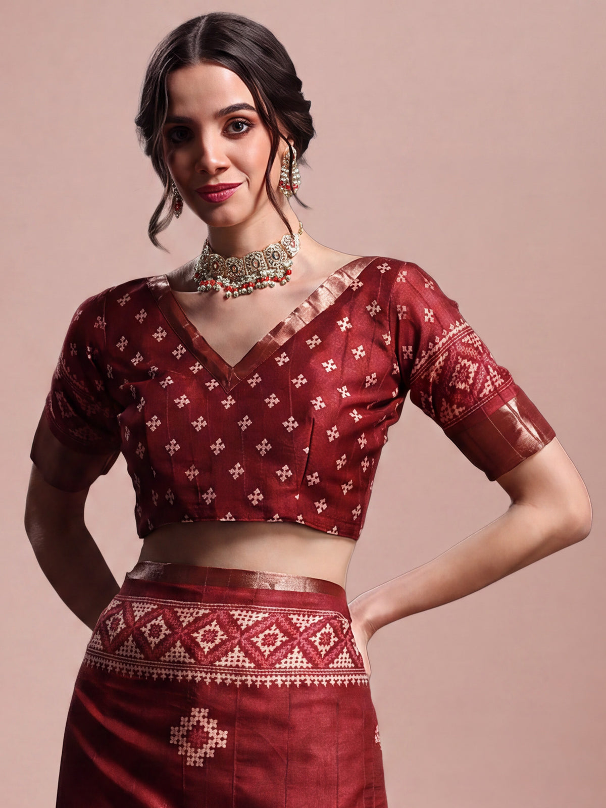 Unstitched maroon silk blend blouse piece with geometric design