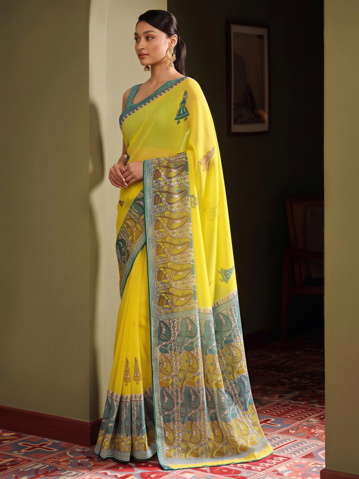 Yellow georgette saree view 2