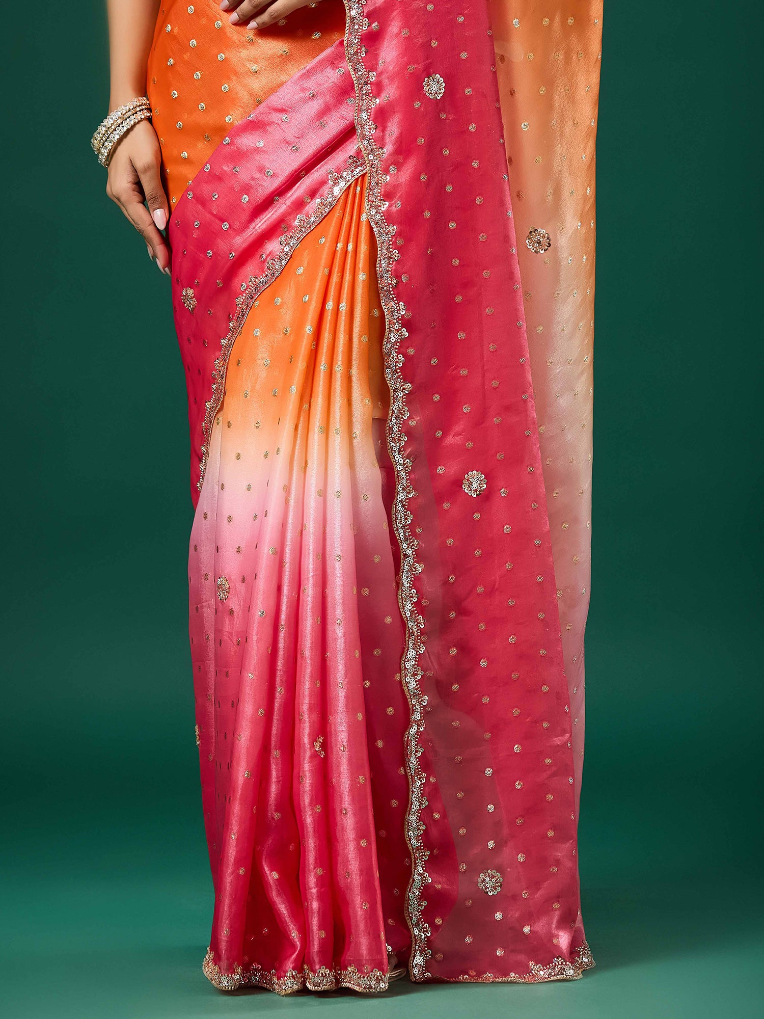 Orange Satin saree – detail view 5