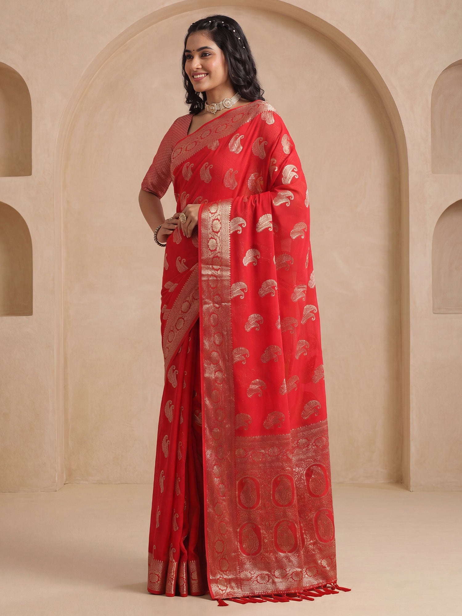 Red Georgette saree – detail view 3