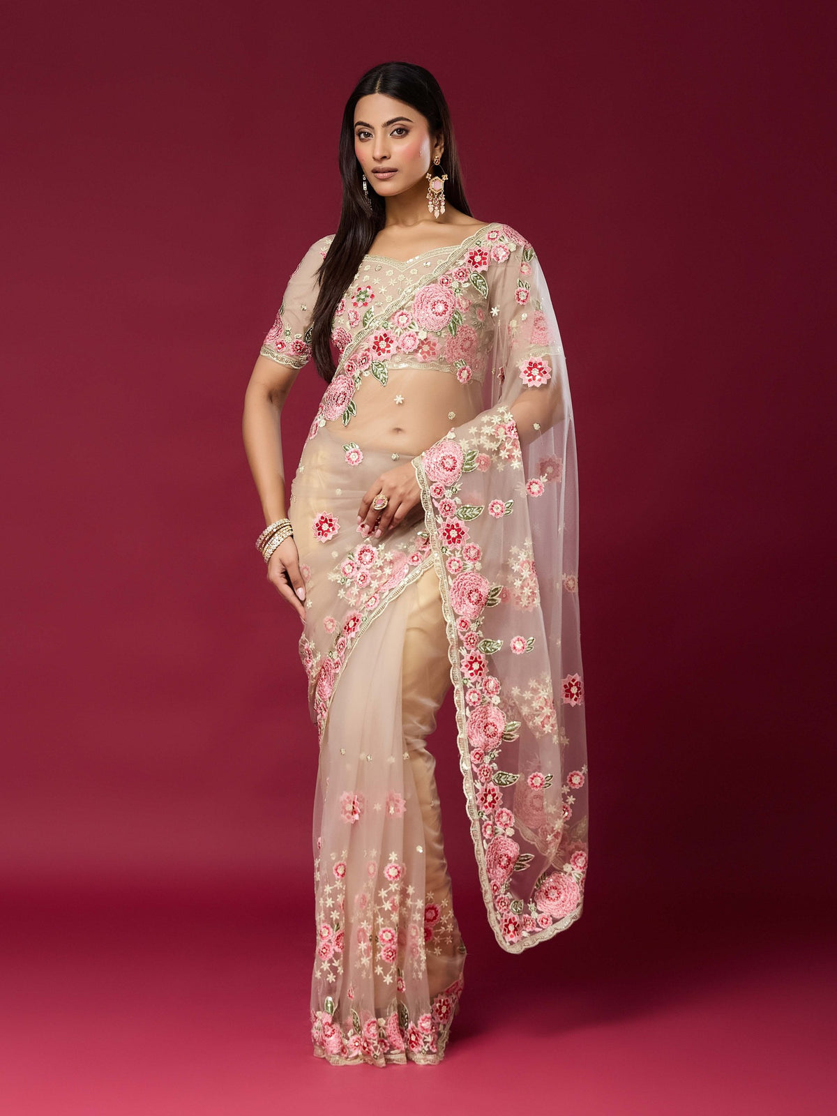 Woman wearing beige net saree with embroidered motif work and beige blouse
