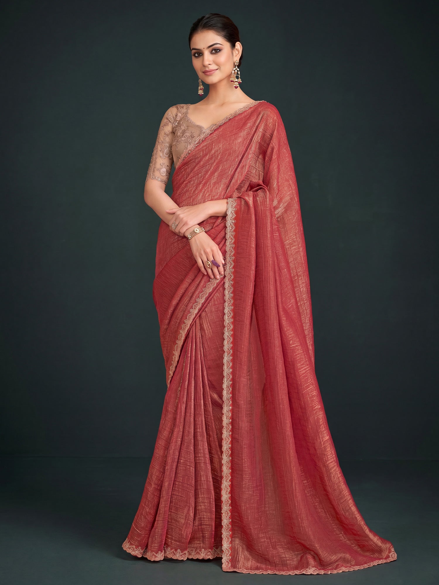 Rust Georgette saree – detail view 3