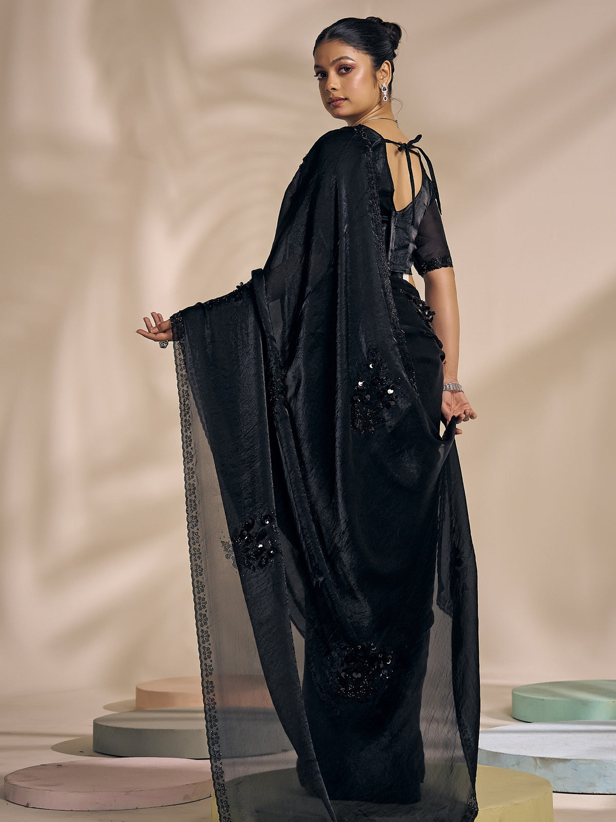 Black satin silk saree view 2