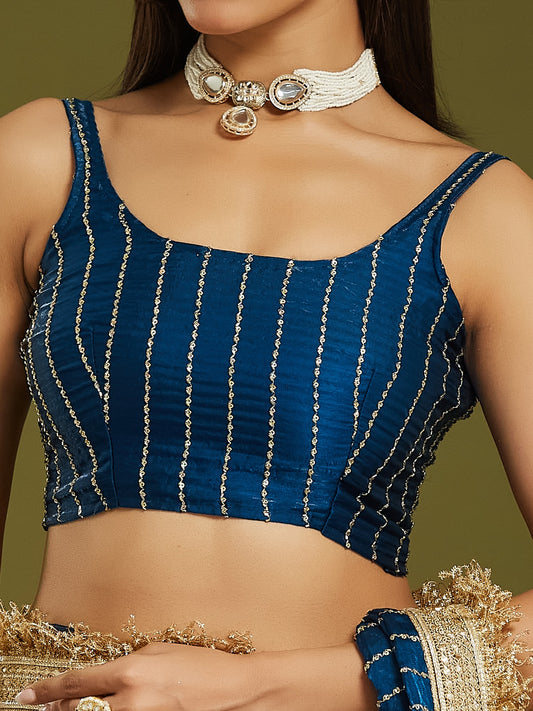 Teal Blue Satin saree – detail view 1