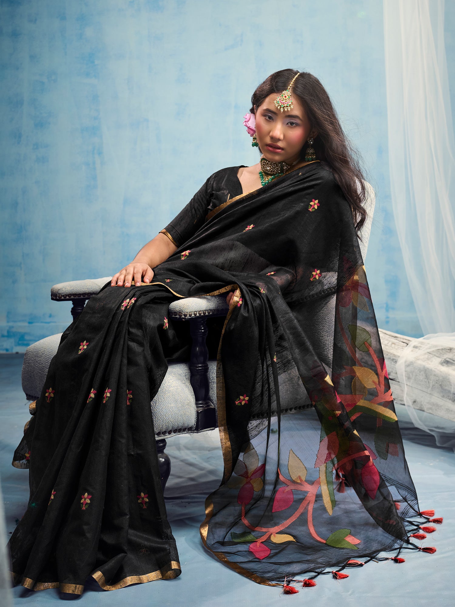 Black Muga Cotton saree – detail view 2