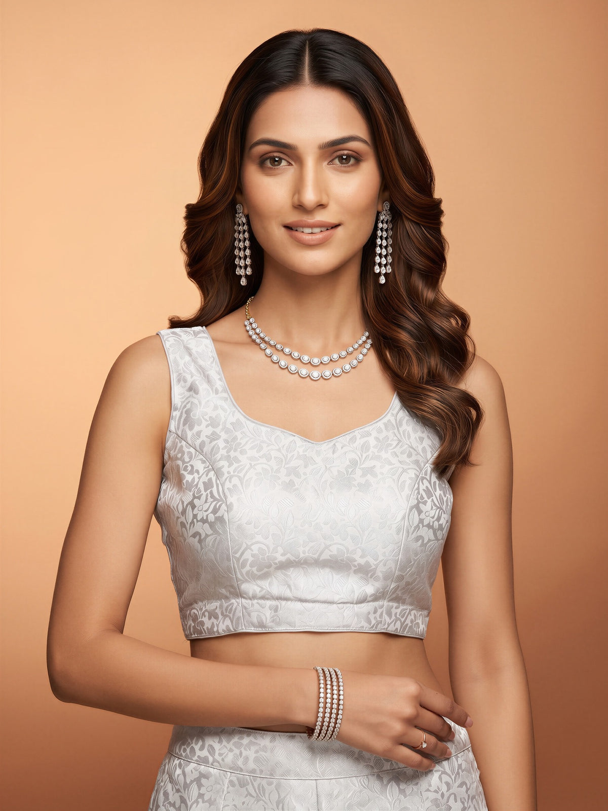 White woven brocade silk blend sleeveless readymade saree blouse with sweetheart neck