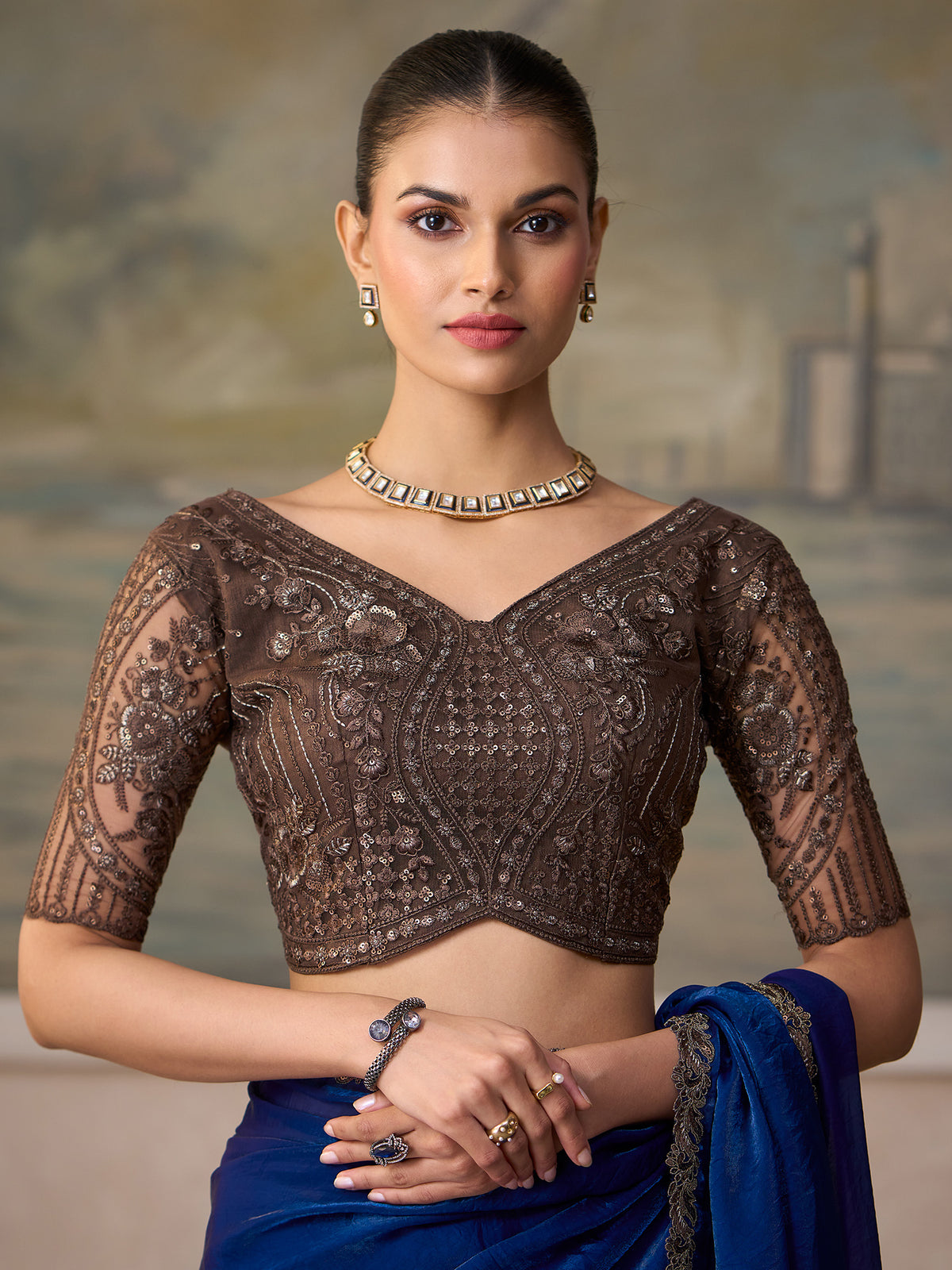 Unstitched grey melange tussar silk blouse piece with embellished design