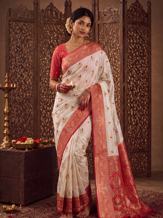 Woman wearing white banarasi silk saree with zari butta (metallic motif) work and red blouse