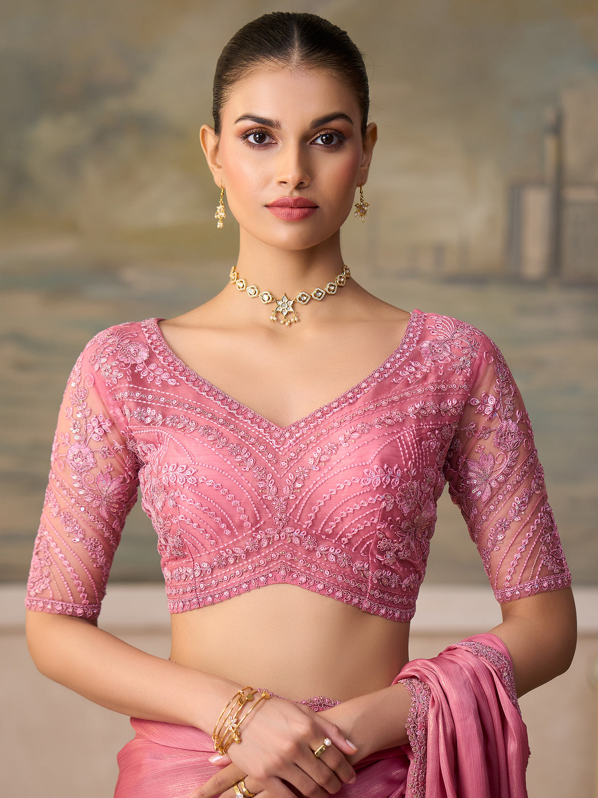 Unstitched pink tussar silk blouse piece with embellished design