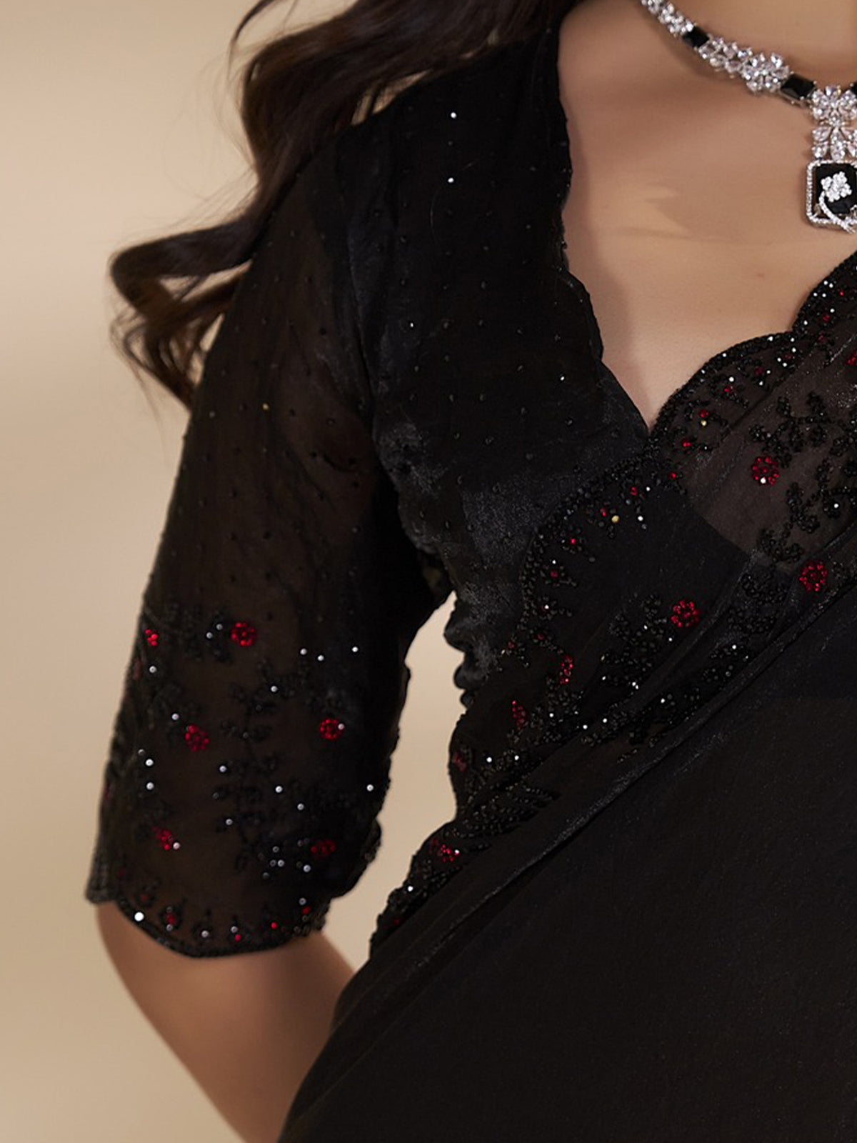 Unstitched black satin silk blouse piece with embellished design