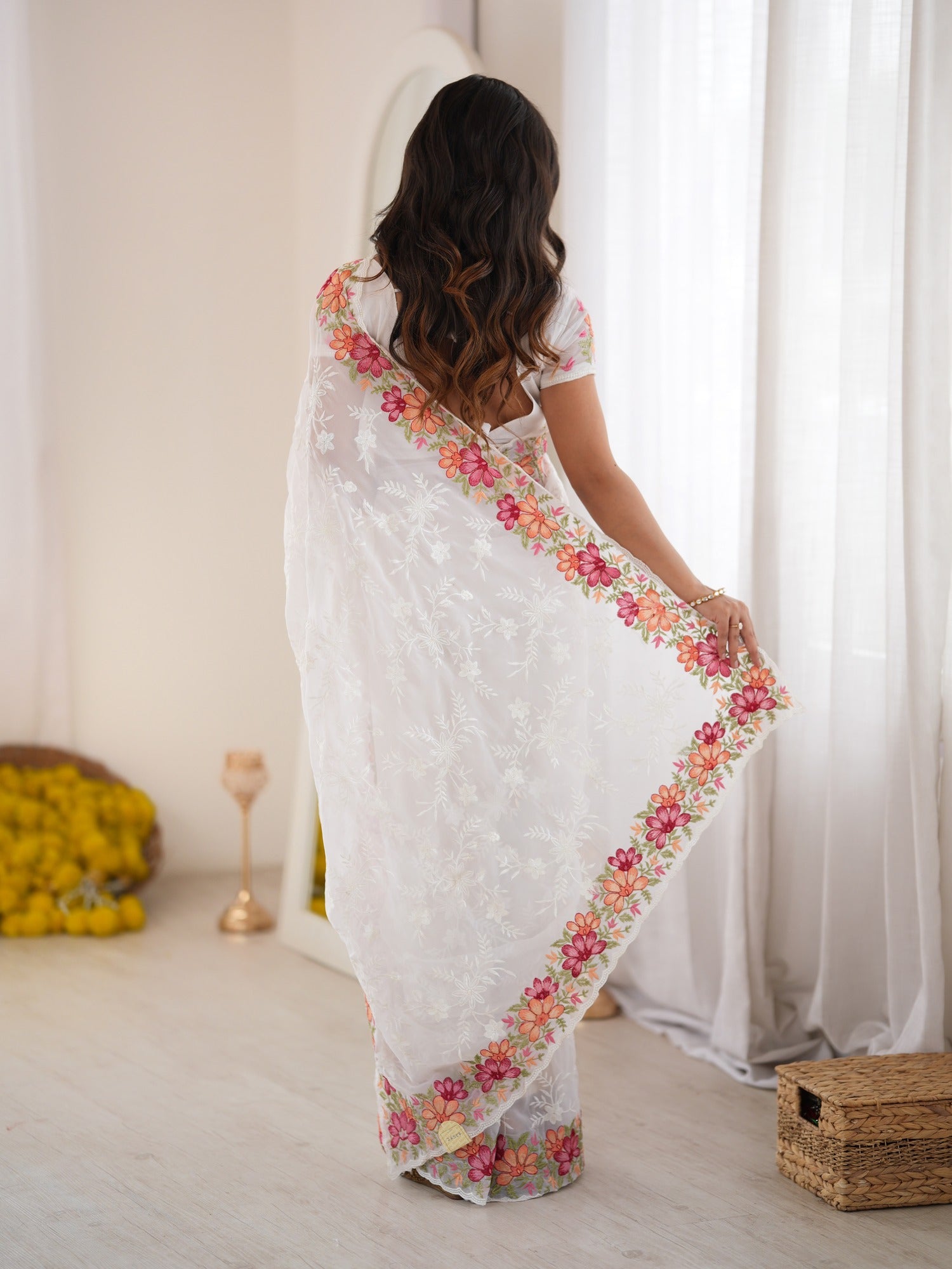 White Georgette saree – detail view 3