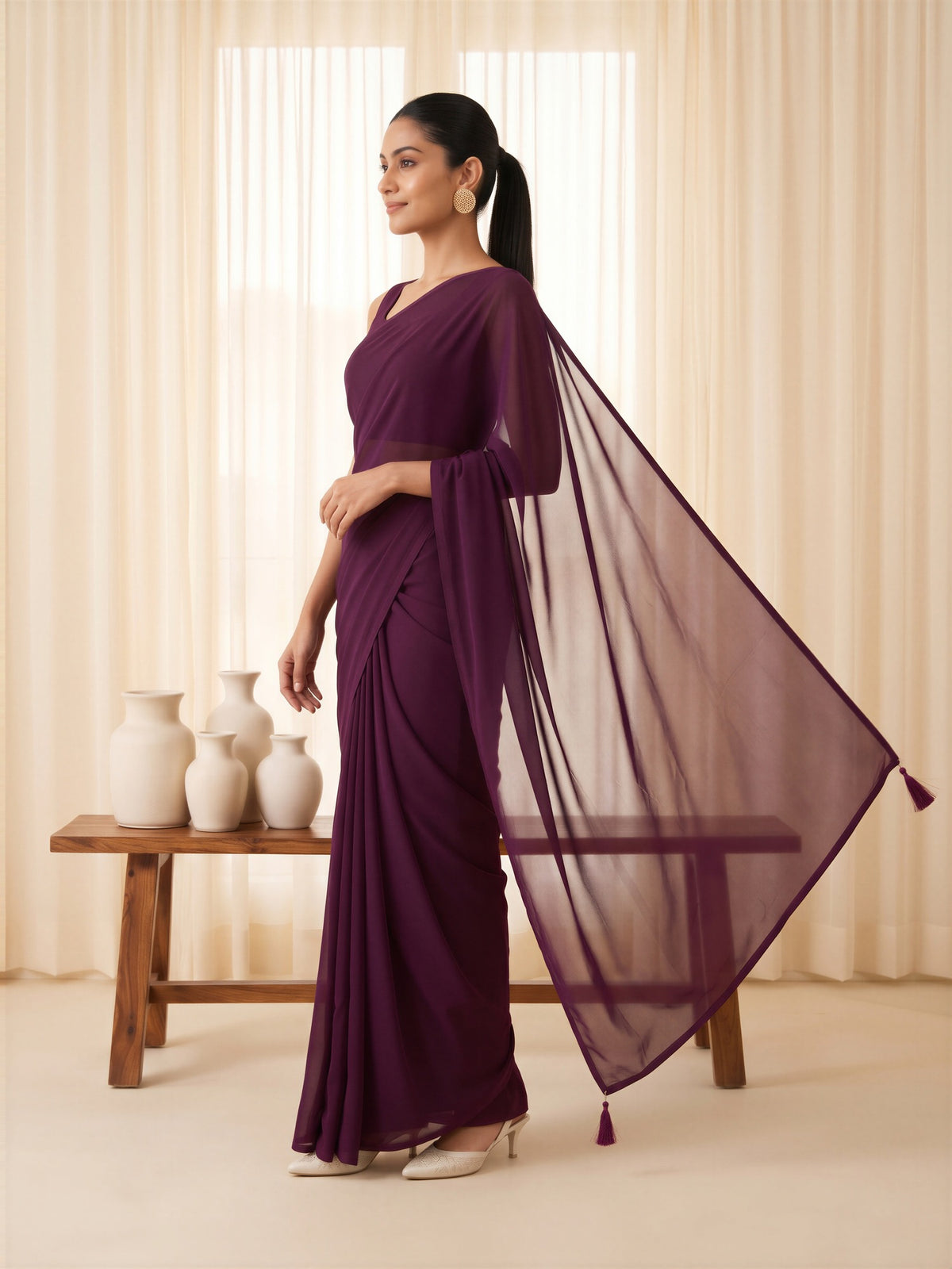 Wine Georgette saree – detail view 2