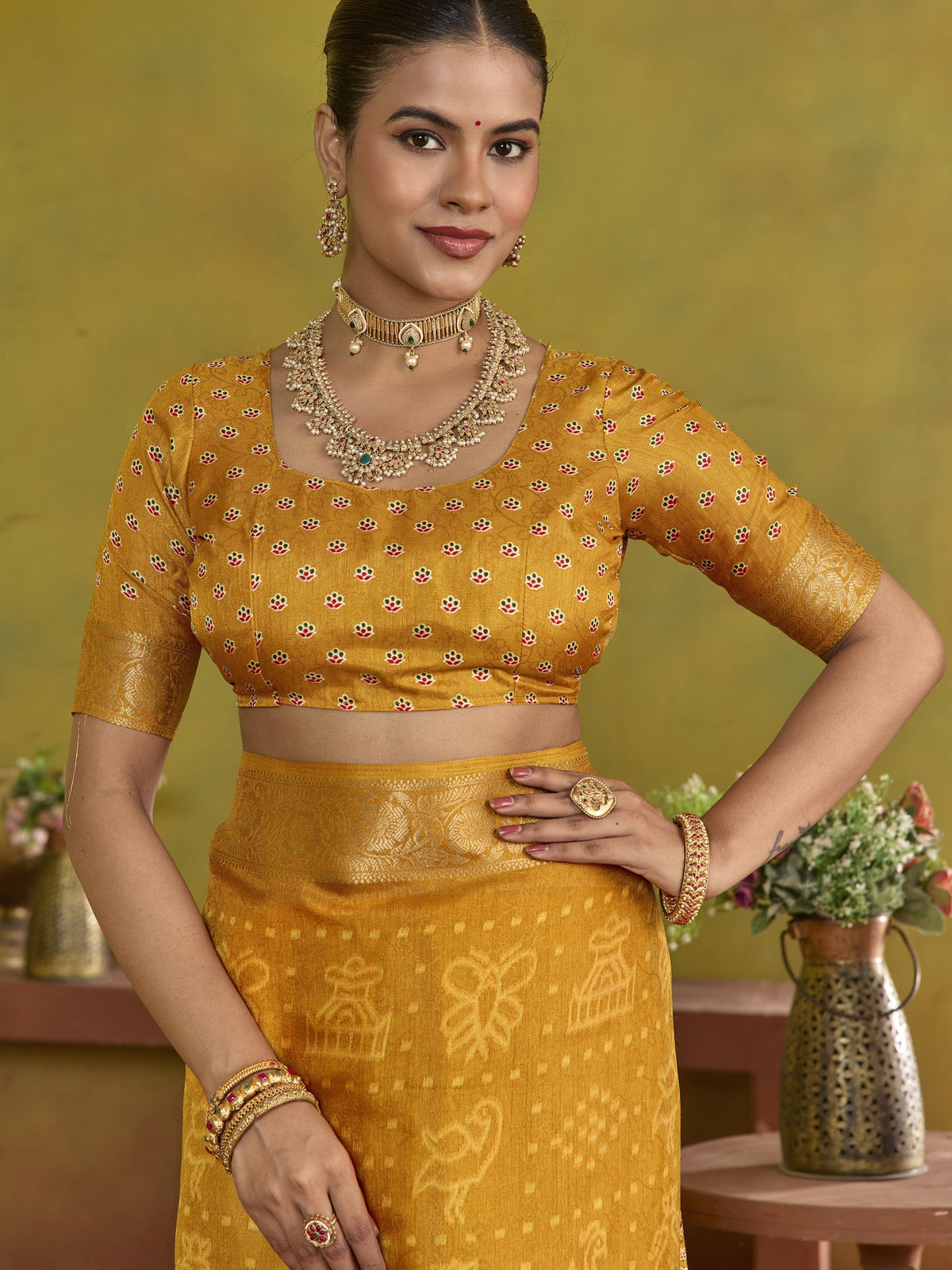 Mustard tussar silk saree view 4