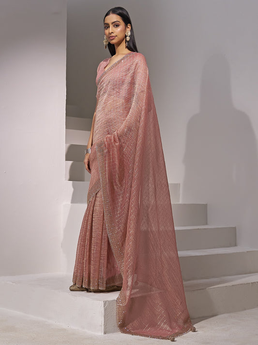 Peach organza saree view 1