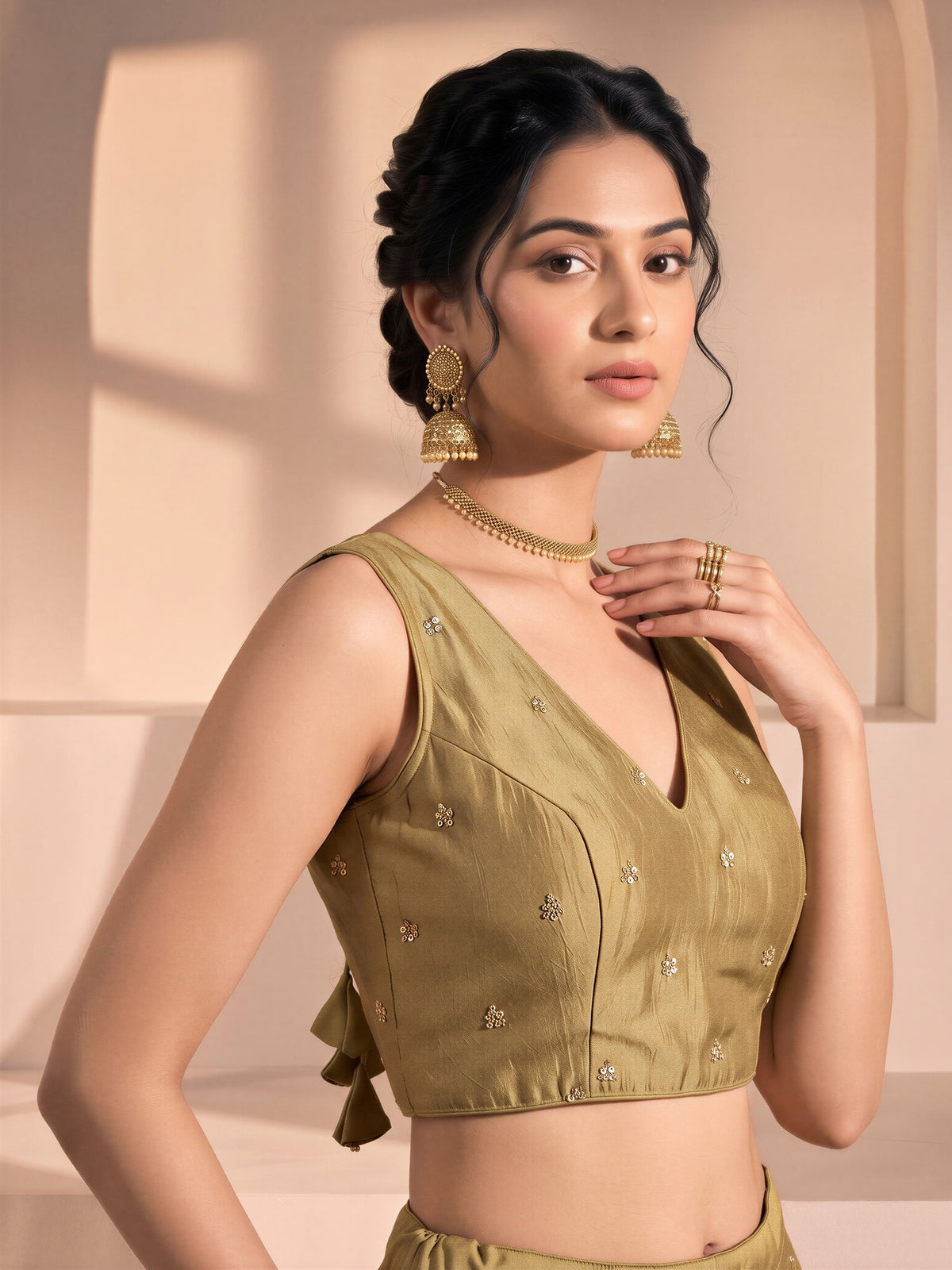 Cream sequin embellished vichitra silk sleeveless readymade saree blouse with v neck