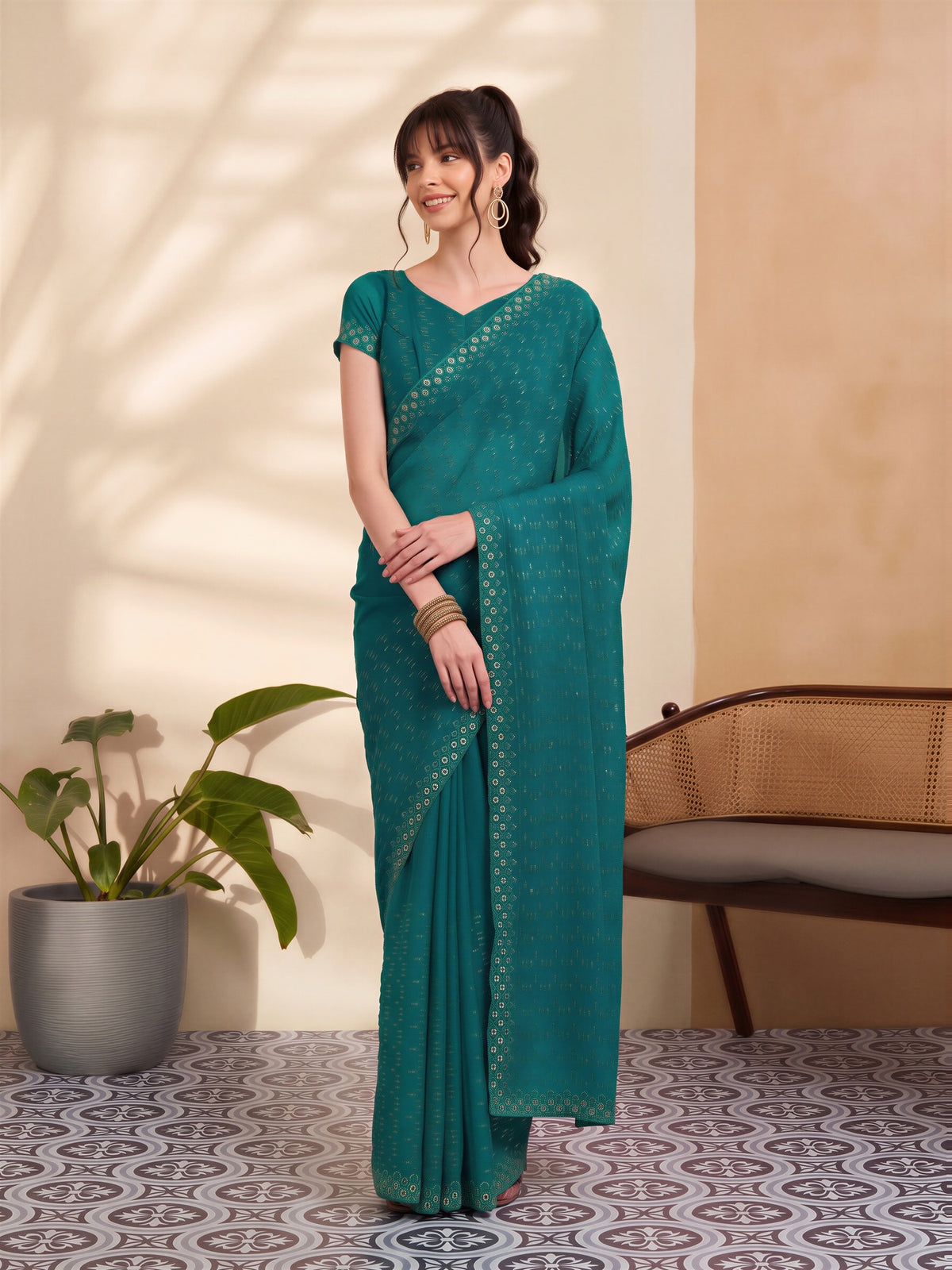 Teal Green Tissue saree – detail view 3