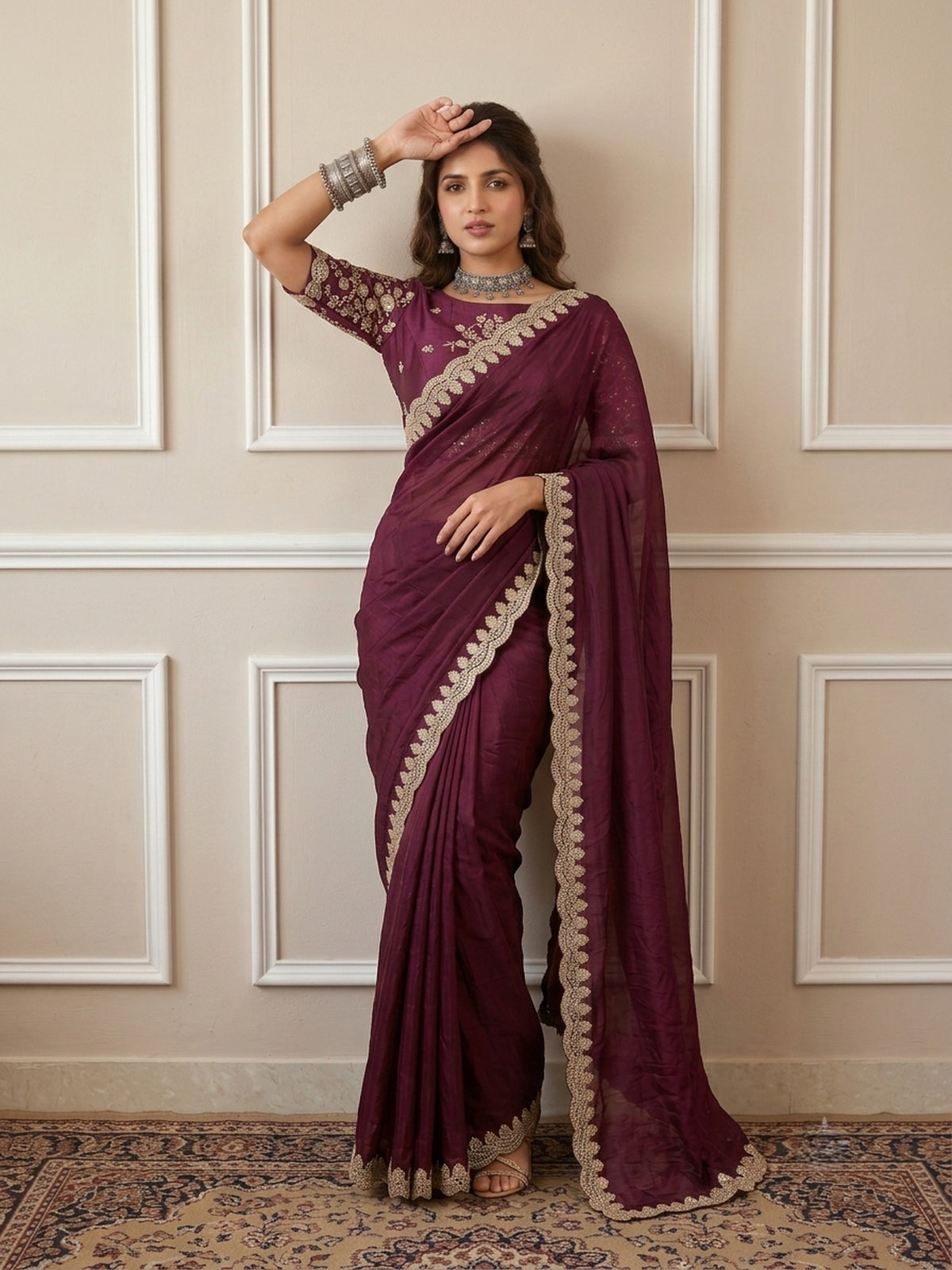 Burgundy Tissue saree – detail view 1